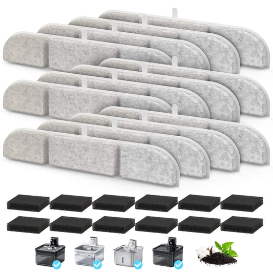 12 Packs Replacement Filters for 84oz/2.5L Fursink Wireless Pet Water Fountain ITSCUTE Cat Water Fountain Filter Triple Filtration Pet Water Fountain Filter Replacement(12 Filters & 12 Sponges)