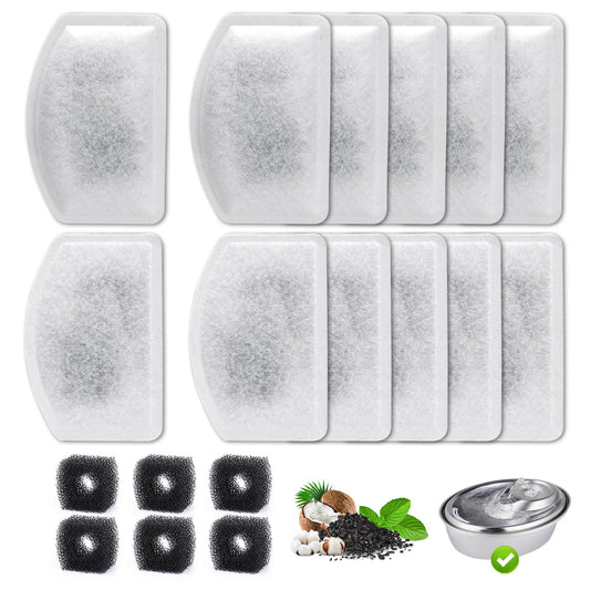 Cat Water Fountain Filter Replacement Replacement CarbonResin Filters Compatible with ORSDA D60 100oz/3L Stainless Steel Pet Water Fountains for Cat Indoor Use (12 Filters + 6 Sponges)