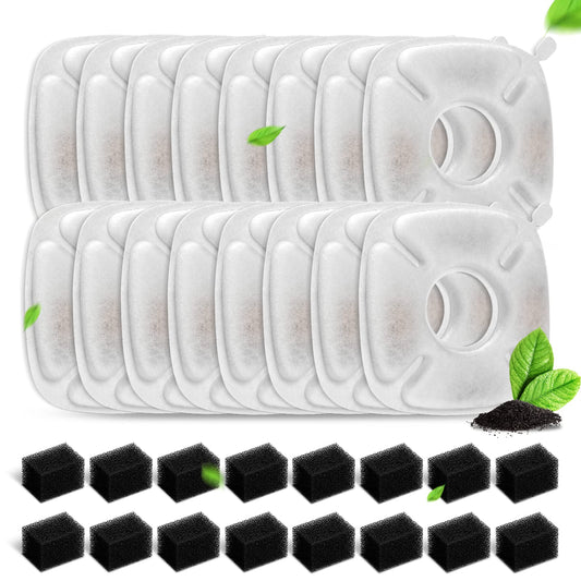 Carcent Cat Water Fountain Filter 32 PCS Pet Fountain Replacement Filters - 16 Pack Replacement Pre-Filter Sponges & 16 Pack Replacement Filters for 95oz and 67oz Automatic Pet Water Fountain