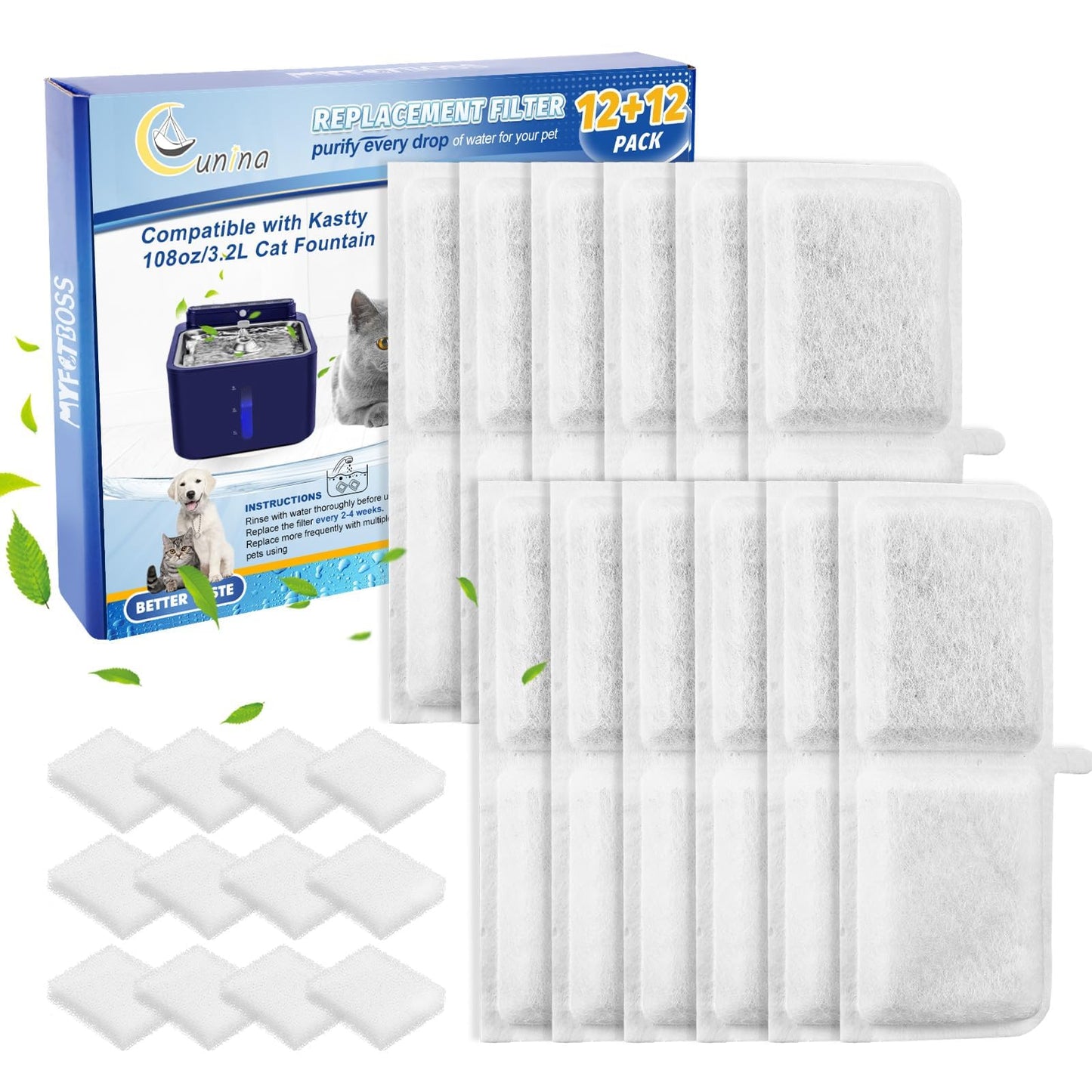 Cunina Cat Water Fountain Filter Replacement Compatible with Kastty Battery Operated 108oz/3.2L Cat Water Fountain Filter Replacement Fit for Kastty Multilayer Filters System 12 Filters+12 Sponge