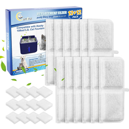 Cunina Cat Water Fountain Filter Replacement Compatible with Kastty Battery Operated 108oz/3.2L Cat Water Fountain Filter Replacement Fit for Kastty Multilayer Filters System 12 Filters+12 Sponge