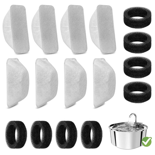 16 Pcs Cat Water Fountain Filters Replacement for 108oz/3.2L & 84oz/2.5L Pet Water FountainIncluding 8 Pcs Cat Water Fountain Filter & 8 Pcs Pre-Filter Sponges Foam Filter