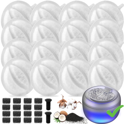 SIBAYS Cat Water Fountain Filters Pet Water Fountain Filter Replacement for 3.5L/118oz Pet Fountain Food Grade Activated Carbon and PP Cotton 16pcs Filters+ 16pcs Pump Sponges+ 2pcs Muffler Sponges